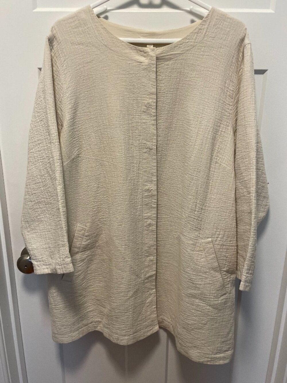 Eileen Fisher Organic Linen Cotton Jacket 1X Plus Collarless Beige Long Coat